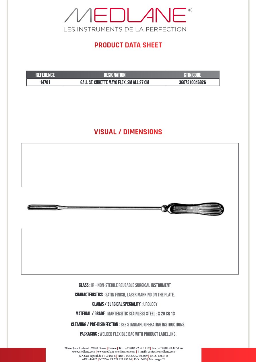 Curette Calculs Biliaire Mayo Malléablepetit 270 mm — REF 14701