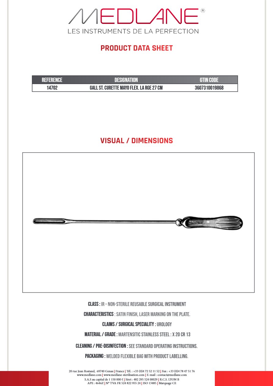 Curette Calculs Biliaire Mayo Malléablegrand 270 mm — REF 14702