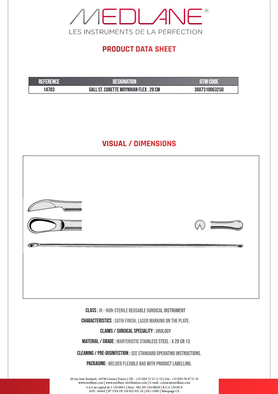 Curette Calculs Biliaire Moynihan Malléable 280 mm — REF 14703