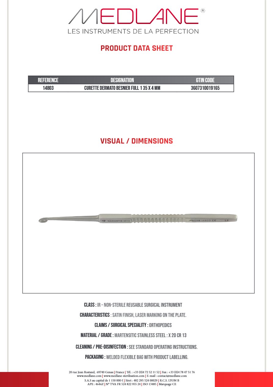 Curette Dermato Besnier Pleine 135 X 4 mm — REF 14803P