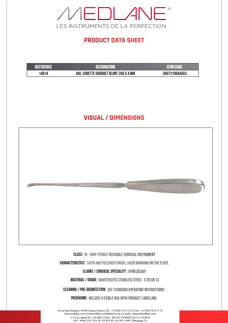 Curette Gynécologique Gourdet Mousse 260 X 4 mm — REF 14814P