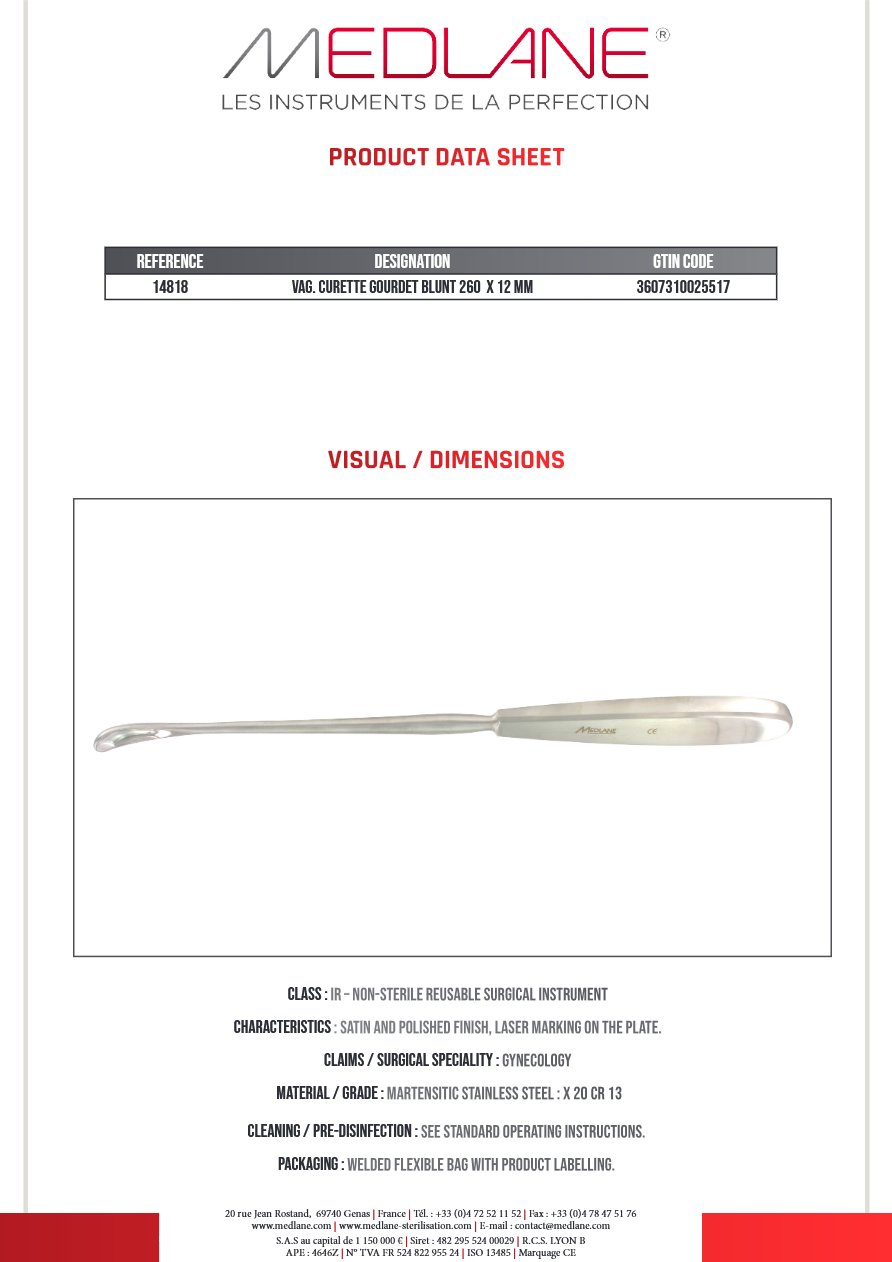 Curette Gynécologique Gourdet Mousse 260 X 12 mm — REF 14818P