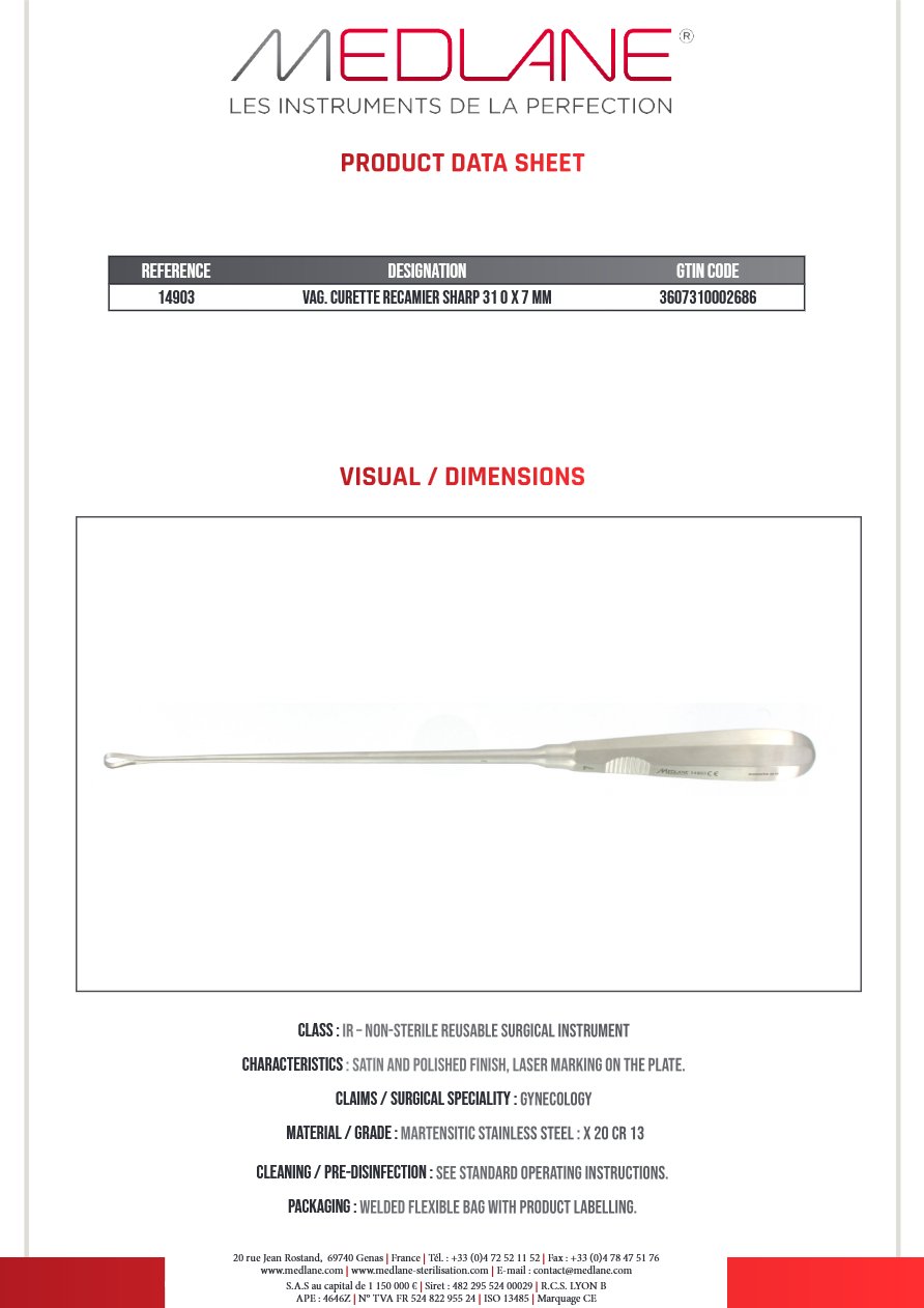 Curette Gynécologique Recamier Tranchant 300 X 7 mm — REF 14903