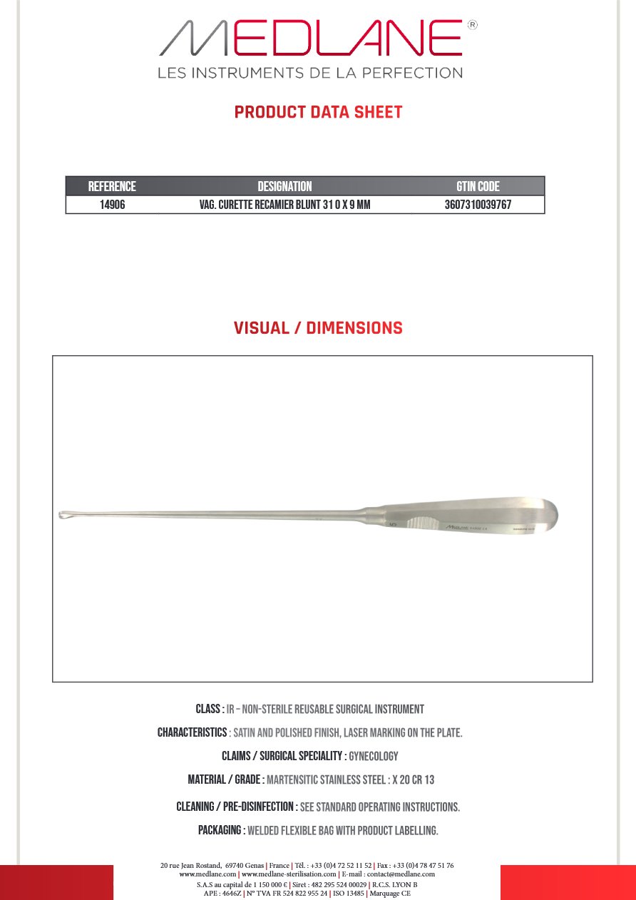 Curette Gynécologique Recamier Msse 300 X 9 mm — REF 14906