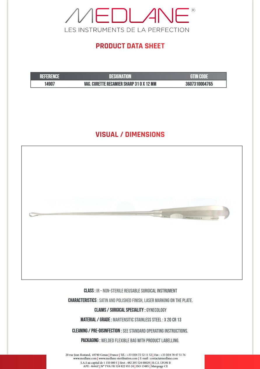Curette Gynécologique Recamier Tranchant 300 X 12 mm — REF 14907