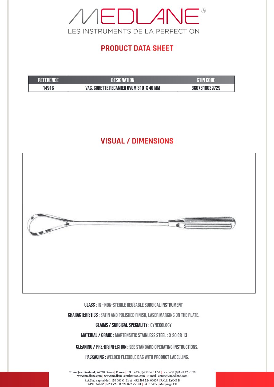 Curette Gynécologique Recamier Fx Germes 310 X 40 mm — REF 14916
