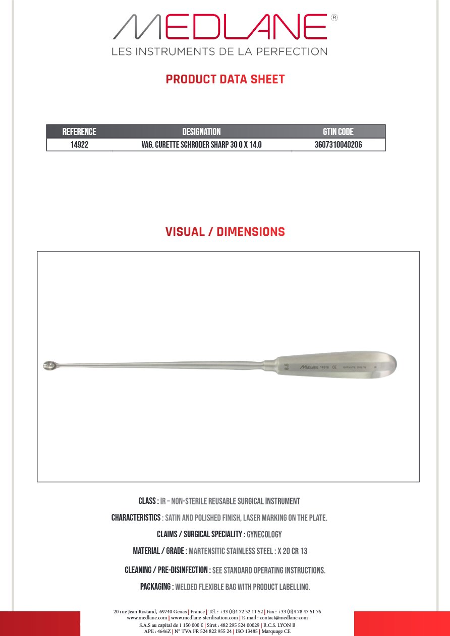 Curette Gynécologique Schroder Tranchant 300 X 14.0 — REF 14922