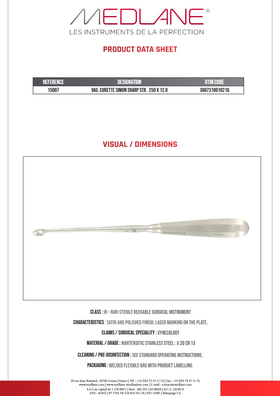 Photo produit MEDLANE : Curette Gynécologique Simon Tranchant drte 250 X 12.0, référence 15007