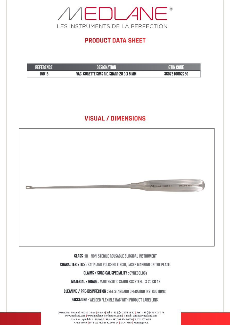 Curette Gynécologique Sims Rigide tranch 280 X 5 mm — 15013