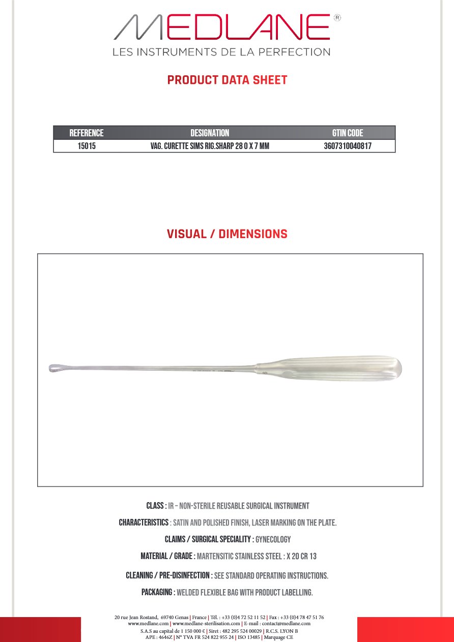 Photo produit MEDLANE : Curette Gynécologique Sims Rigide tranch 280 X 7 mm, référence 15015