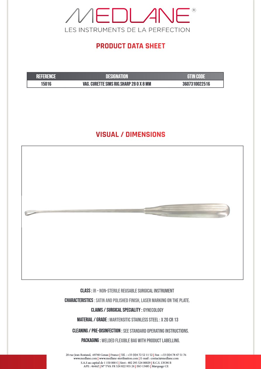Photo produit MEDLANE : Curette Gynécologique Sims Rigide tranch 280 X 8 mm, référence 15016