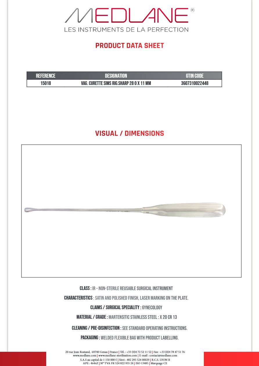 Photo produit MEDLANE : Curette Gynécologique Sims Rigide tranch 280 X 11 mm, référence 15018