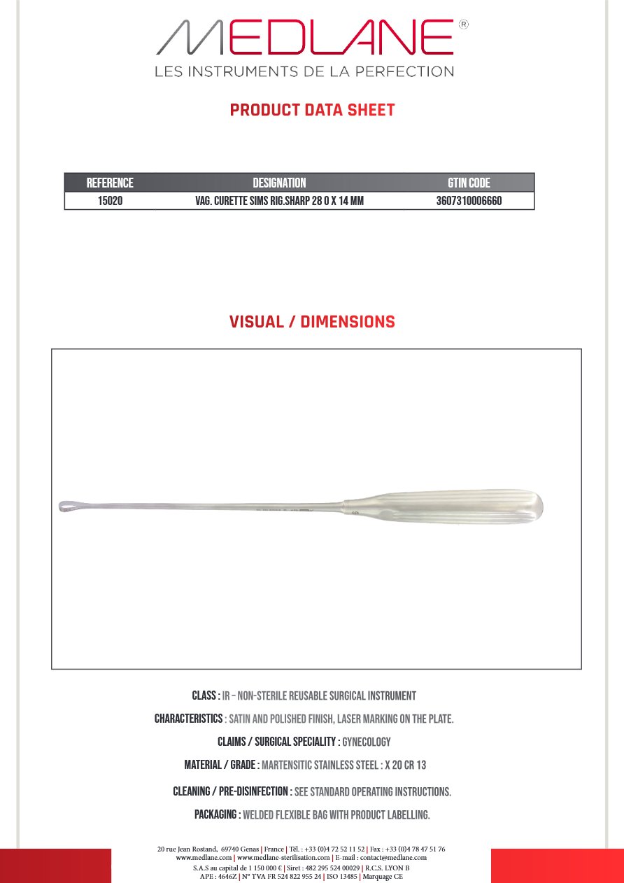 Curette Gynécologique Sims Rigide tranch 280 X 14 mm — REF 15020