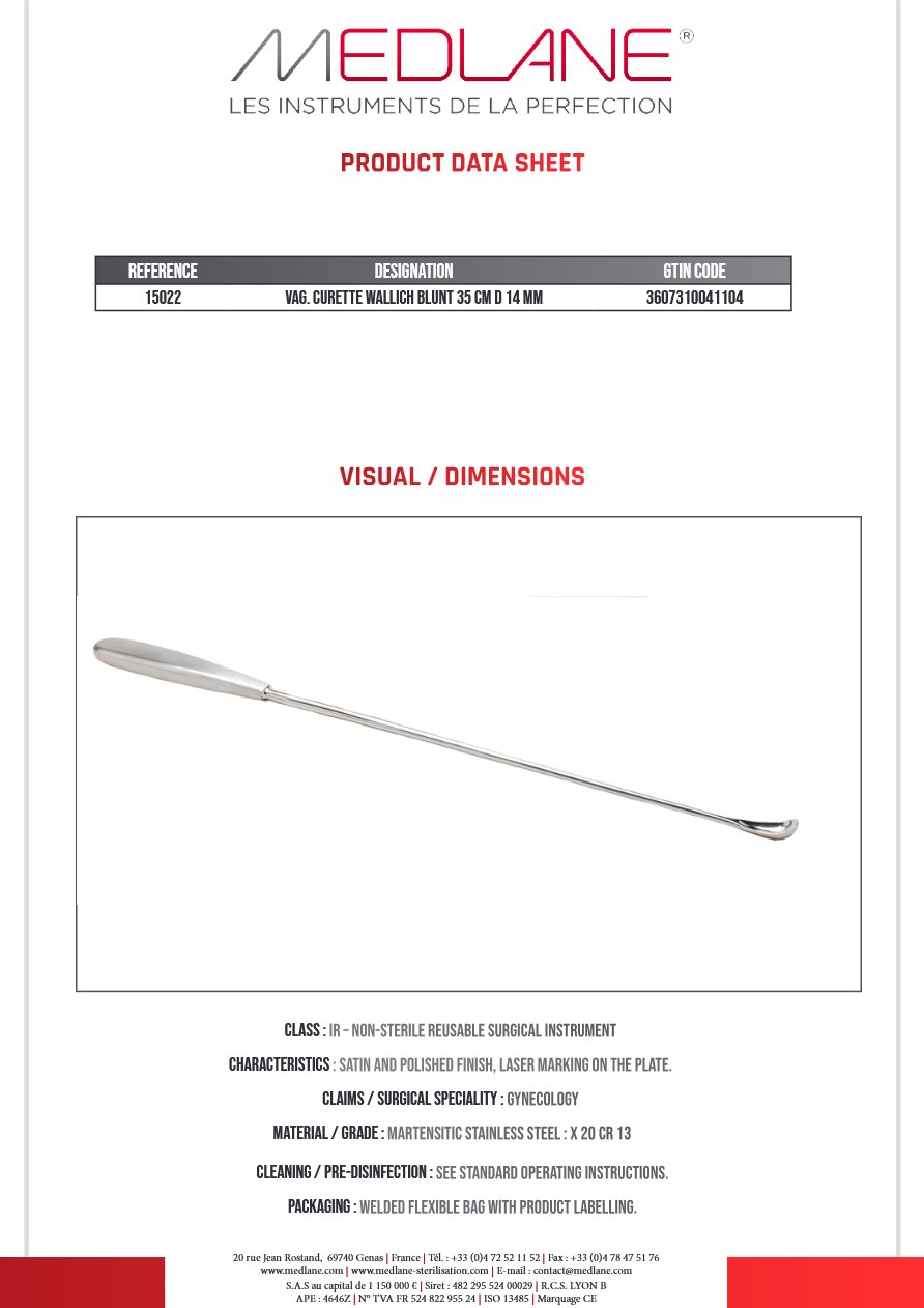 Curette Gynécologique Wallich Mousse 350 X 14 mm — REF 15022
