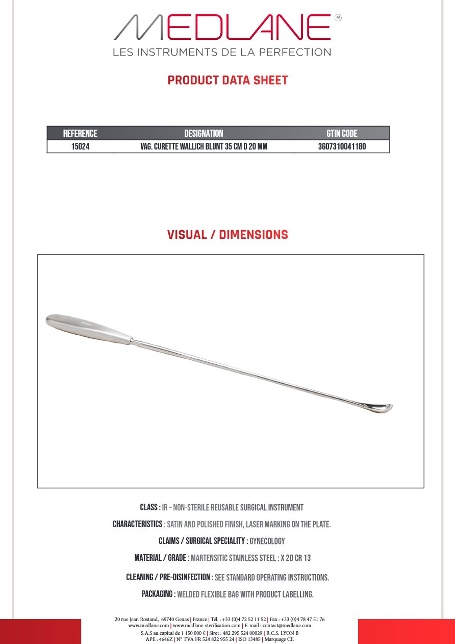 Curette Gynécologique Wallich Mousse 350 X 20 mm — REF 15024