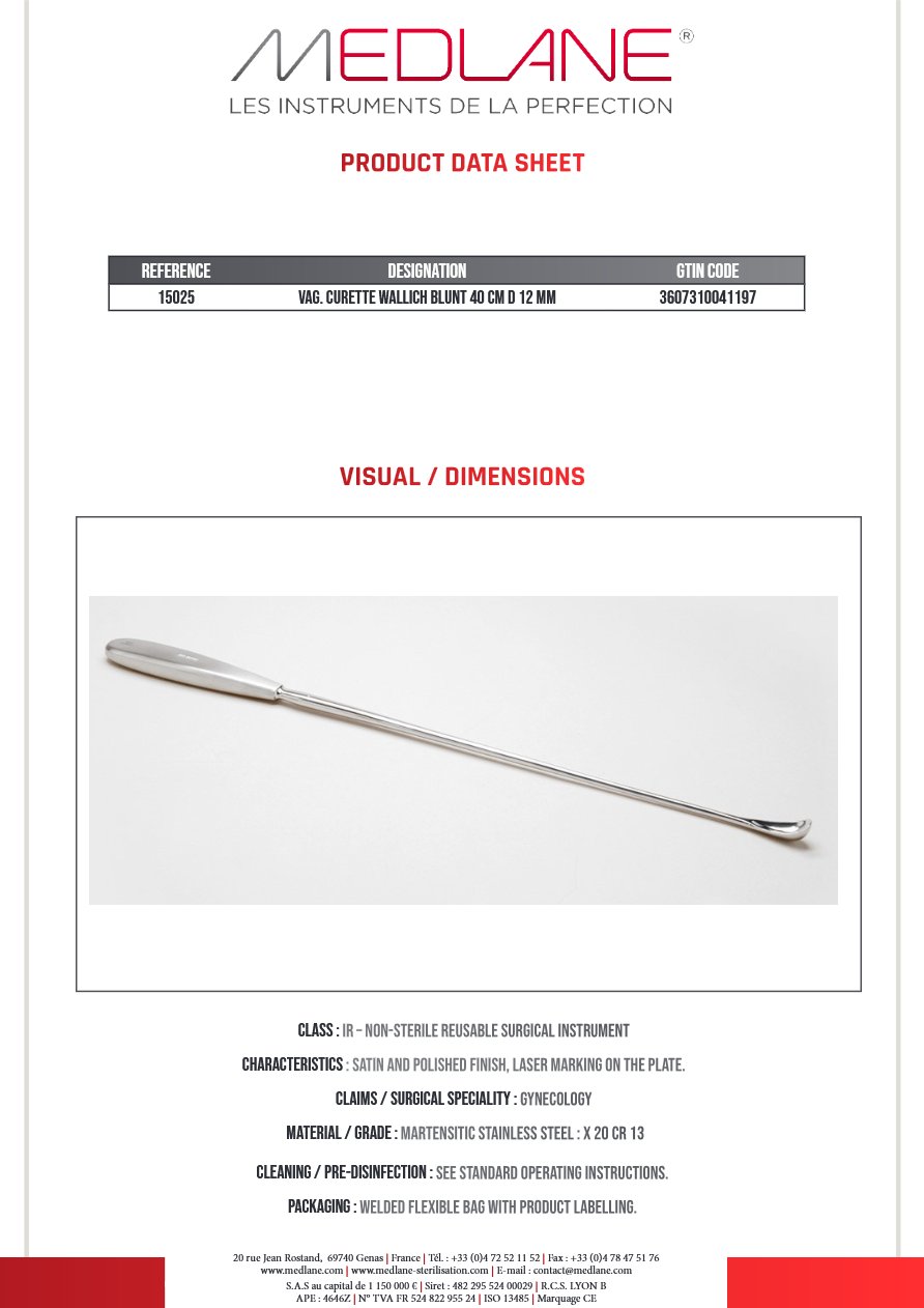 Curette Gynécologique Wallich Mousse 400 X 12 mm — REF 15025