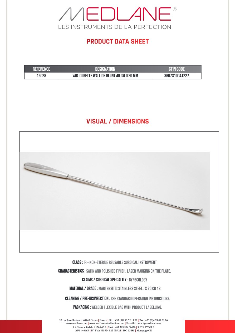 Curette Gynécologique Wallich Mousse 400 X 20 mm — REF 15028