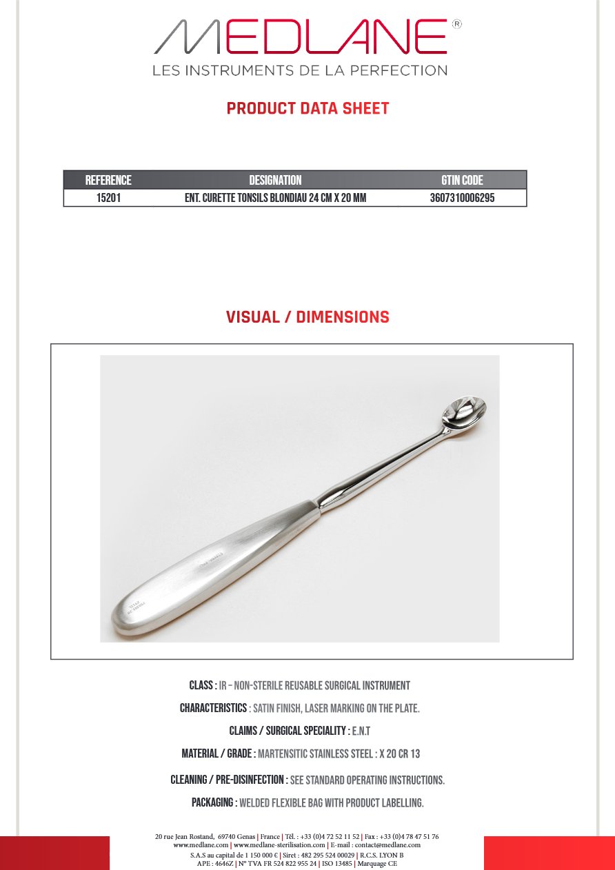 Curette O.R.L. Blondiau Amygdales 240 X 20 mm — REF 15201
