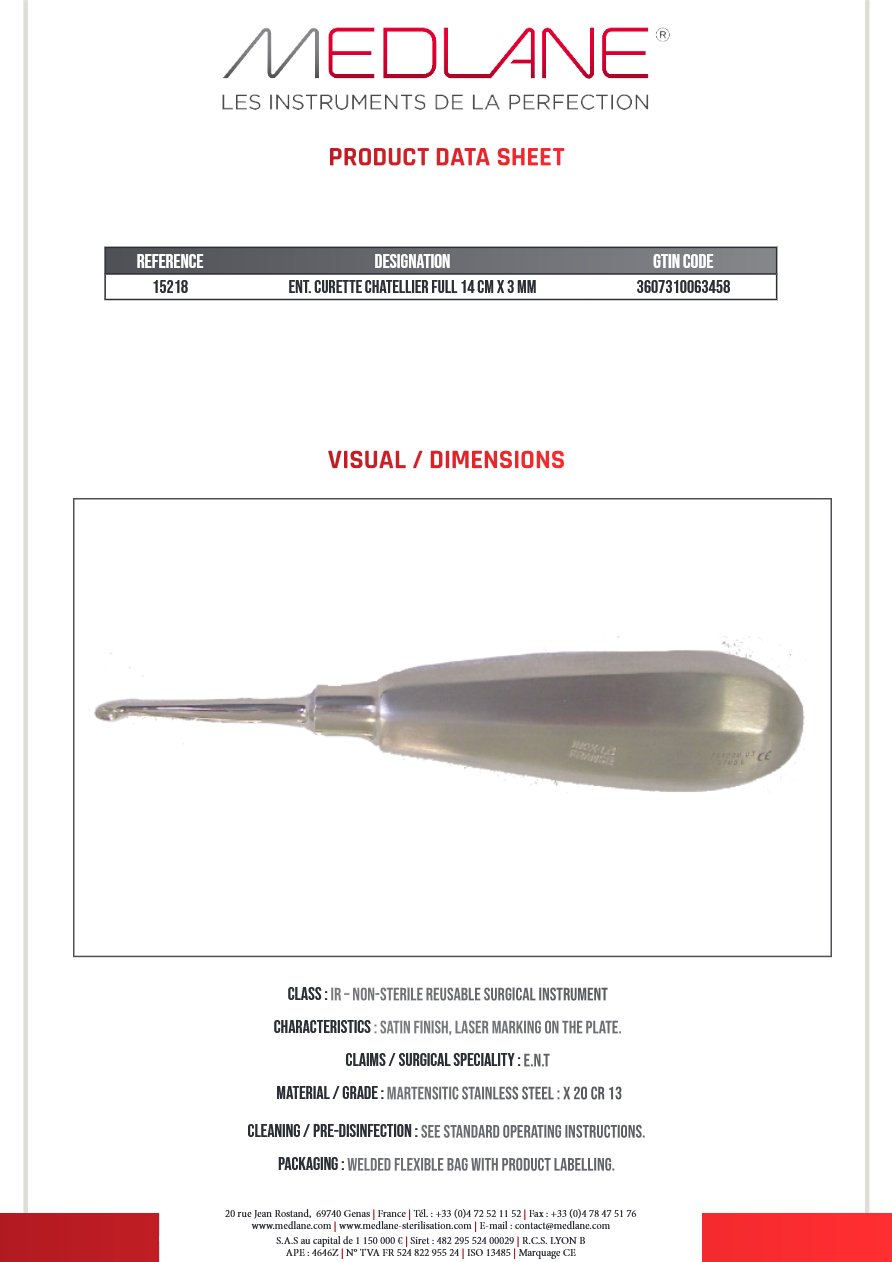 Curette O.R.L. Chatellier Pleine 140 X 3 mm — REF 15218