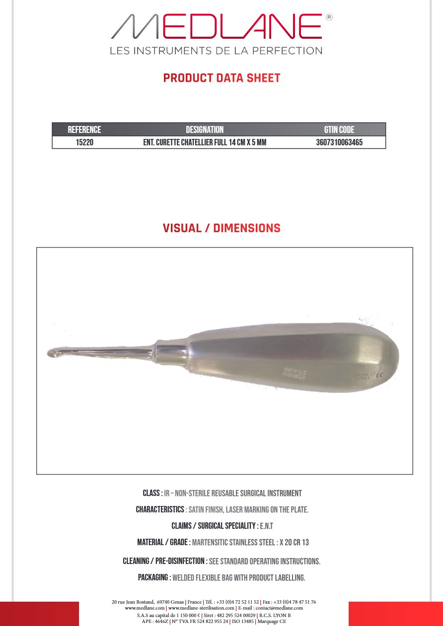 Curette O.R.L. Chatellier Pleine 140 X 5 mm — REF 15220
