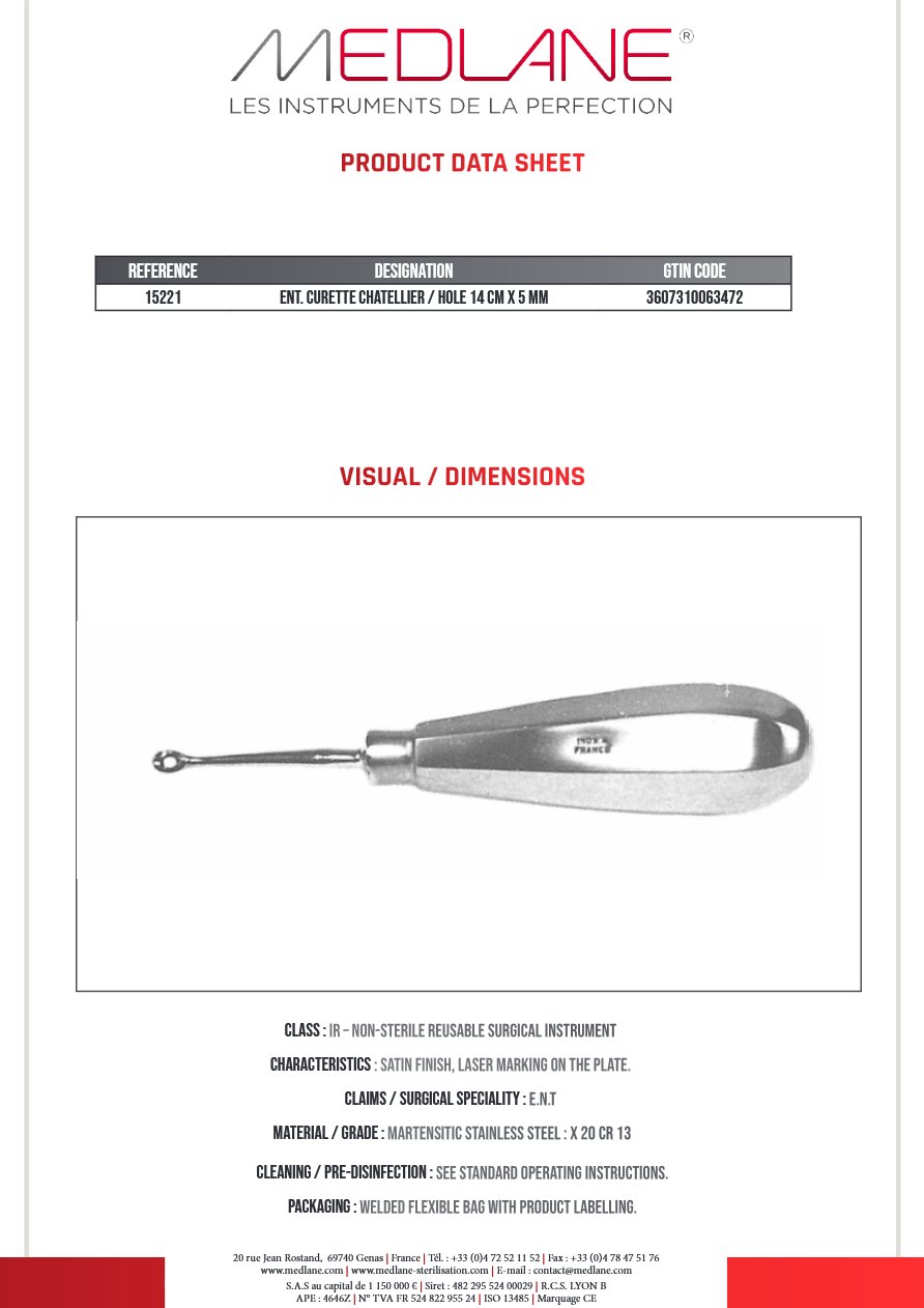 Curette O.R.L. Chatellier Fenetre 140 X 5 mm — REF 15221