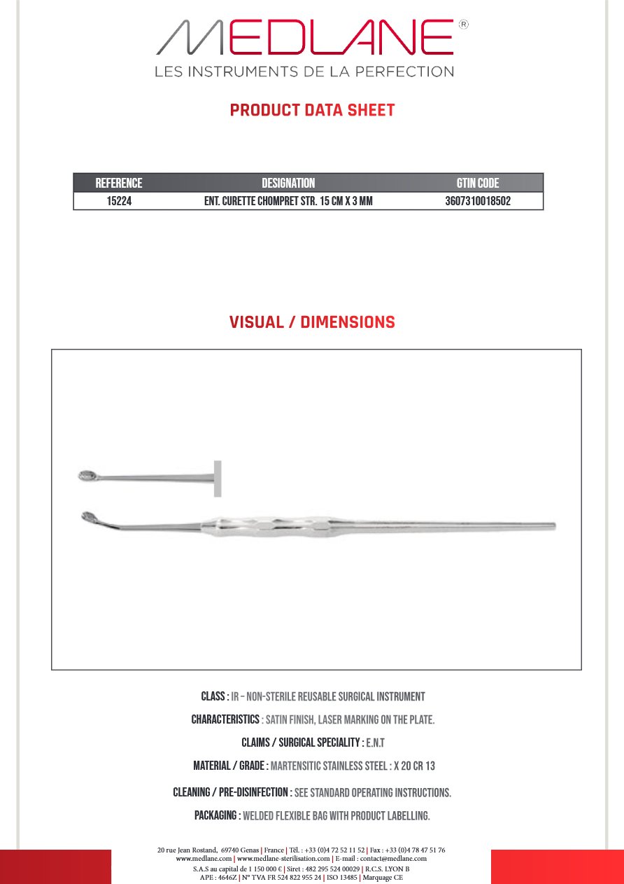 Curette O.R.L. Chompret Droite 150 X 3 mm — REF 15224P