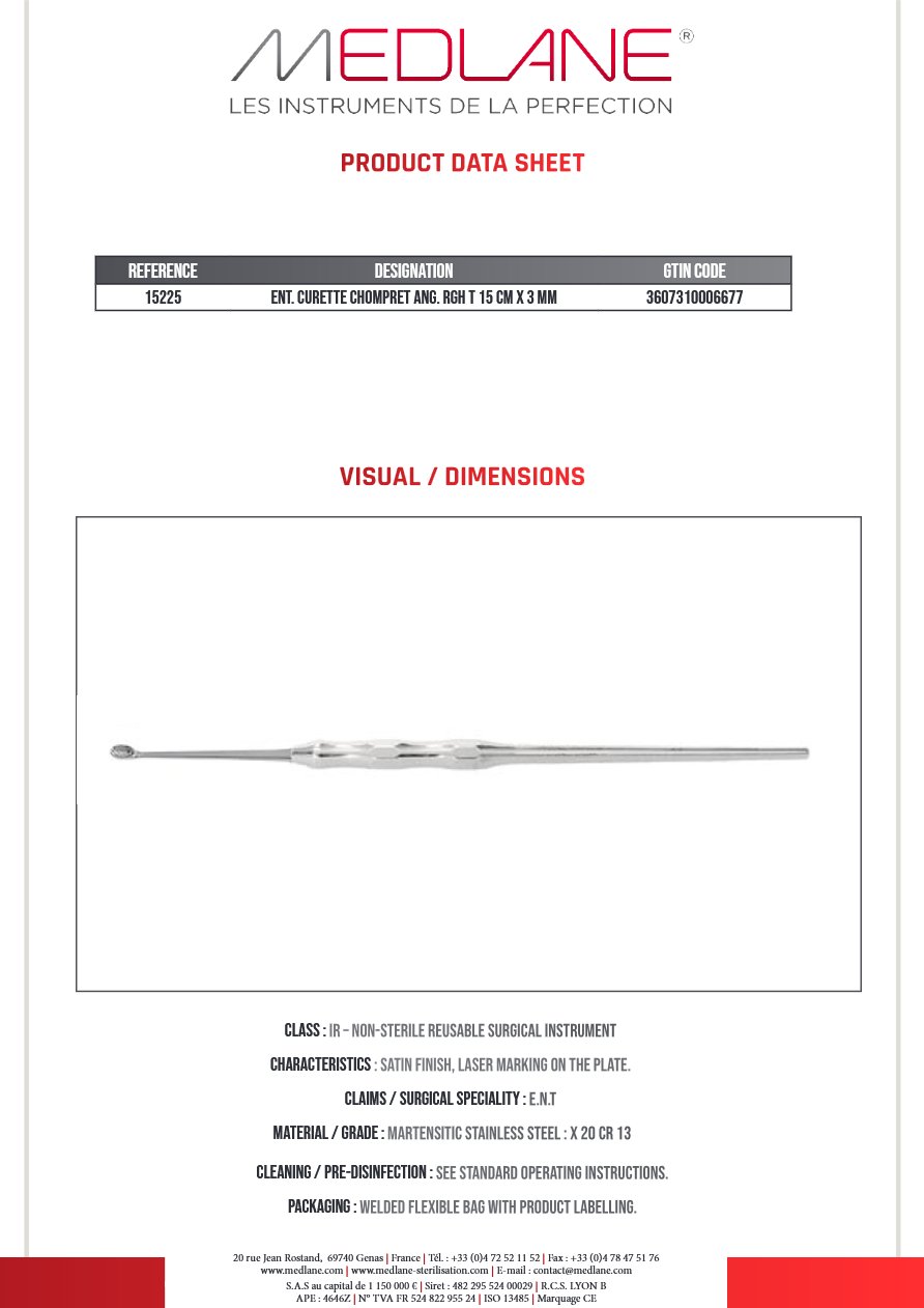 Curette O. R. L. Chompret Coudé Droit 150 X 3 mm — REF 15225P