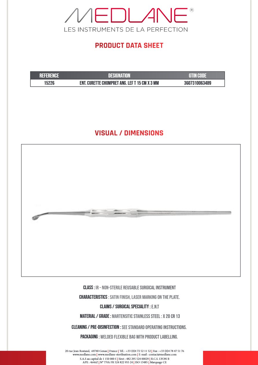 Curette O. R. L. Chompret Coudé Gch 150 X 3 mm — REF 15226P