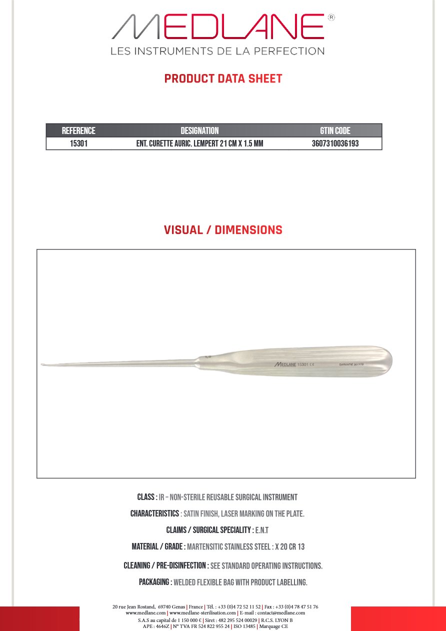 Curette O. R. L. Lempert Auriculaire 210 X 1.5 — REF 15301