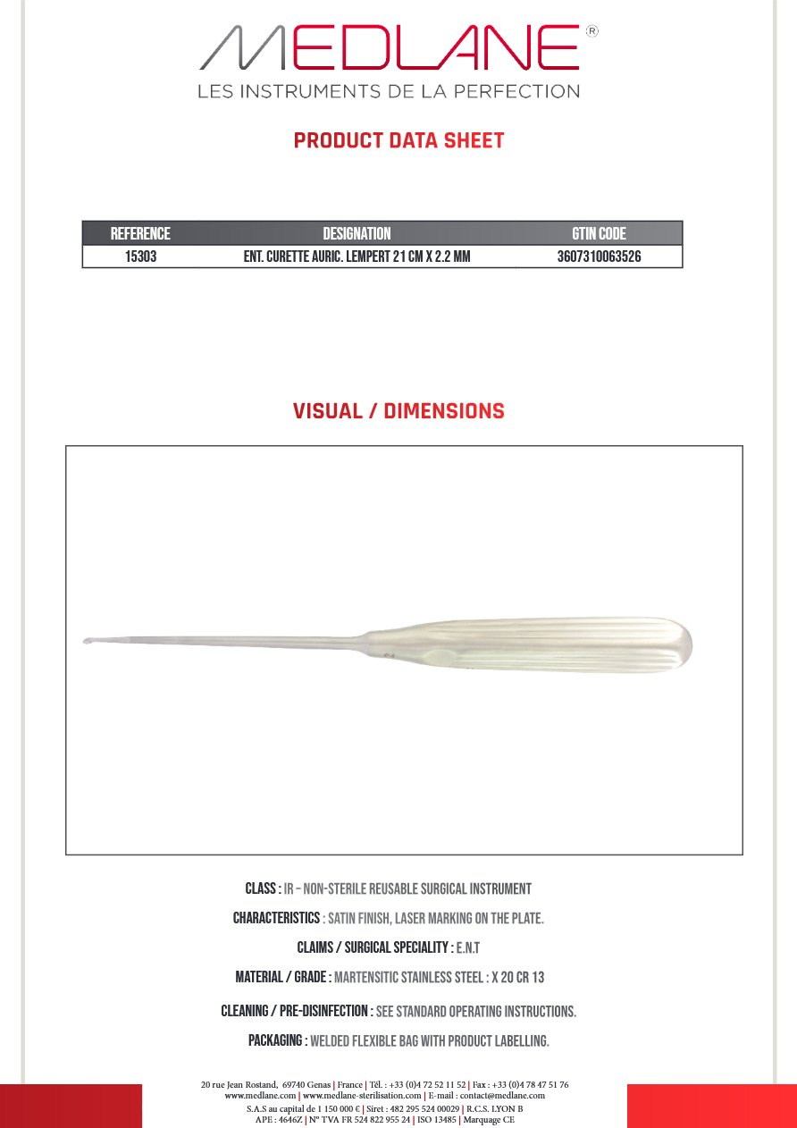 Curette O. R. L. Lempert Auriculaire 210 X 2.2 — REF 15303