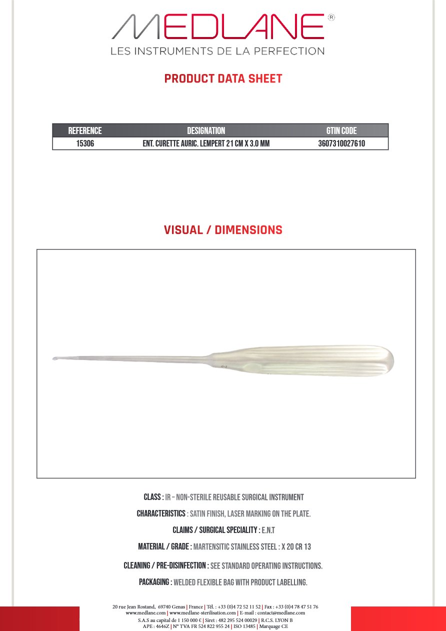 Curette O. R. L. Lempert Auriculaire 210 X 3.0 — REF 15306