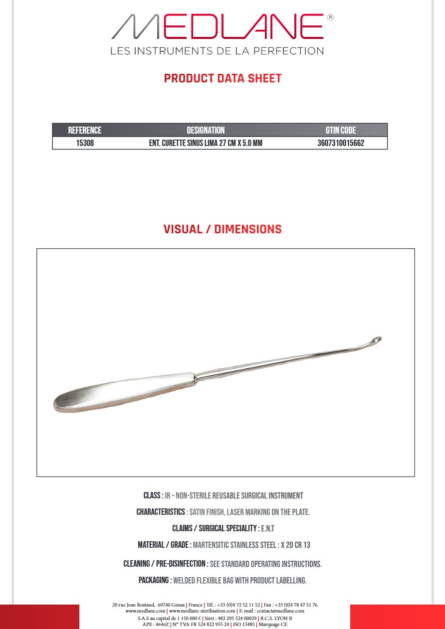 Curette O.R.L. Lima Sinus 270 X 5.0 — REF 15308