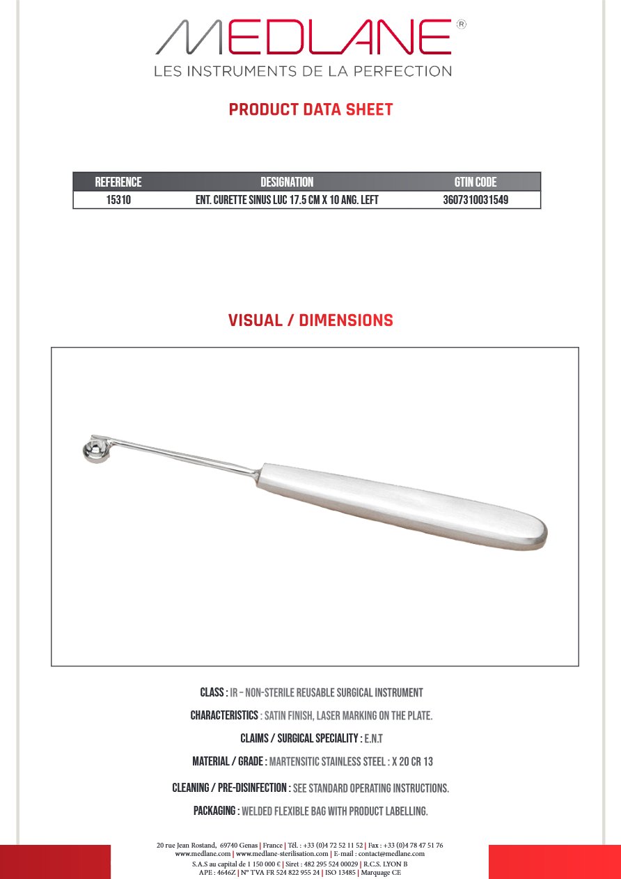 Curette O. R. L. Luc Sinus 175 mm X 10 Coudé Gche — REF 15310