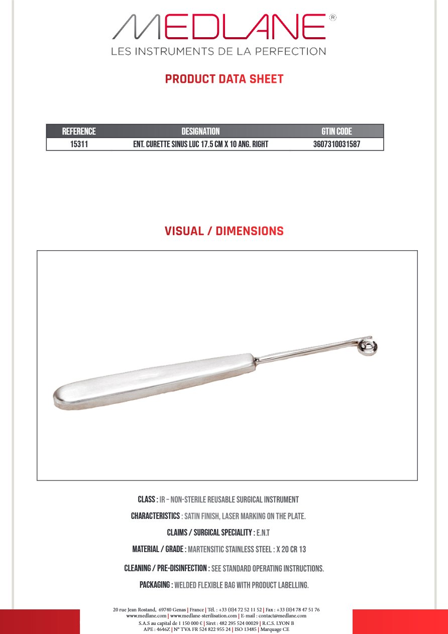 Curette O. R. L. Luc Sinus 175 mm X 10 Coudé Droite — REF 15311