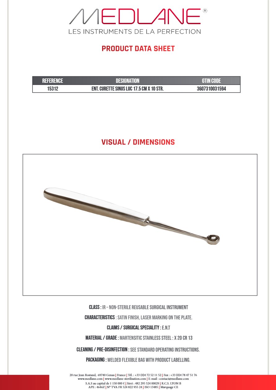 Curette O.R.L. Luc Sinus 175 mm X 10 Droite — REF 15312