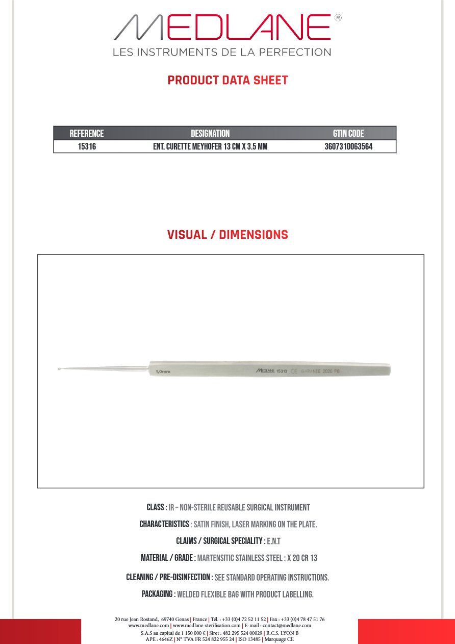 Curette O.R.L. Meyhofer 130 X 3.5 — REF 15316