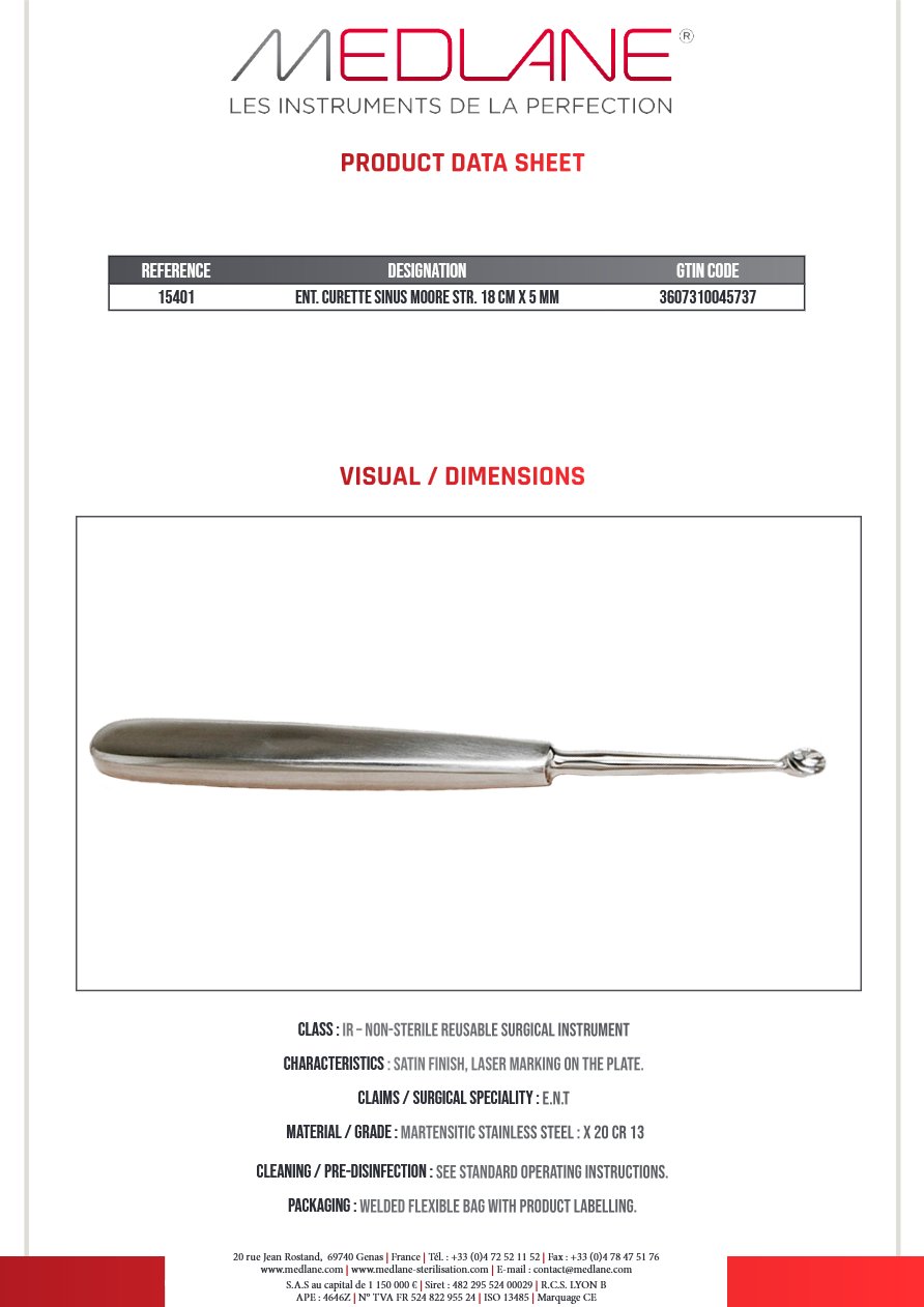 Curette O. R. L. Moure Sinus Droite 180 X 5 mm — REF 15401