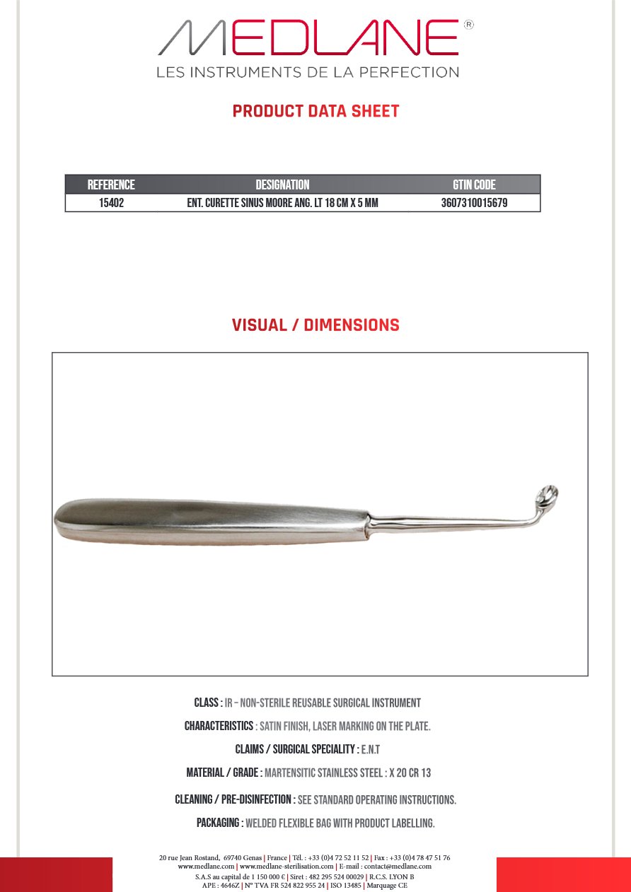 Curette O. R. L. Moure Sinus Coudé Gch 180 X 5 mm — REF 15402