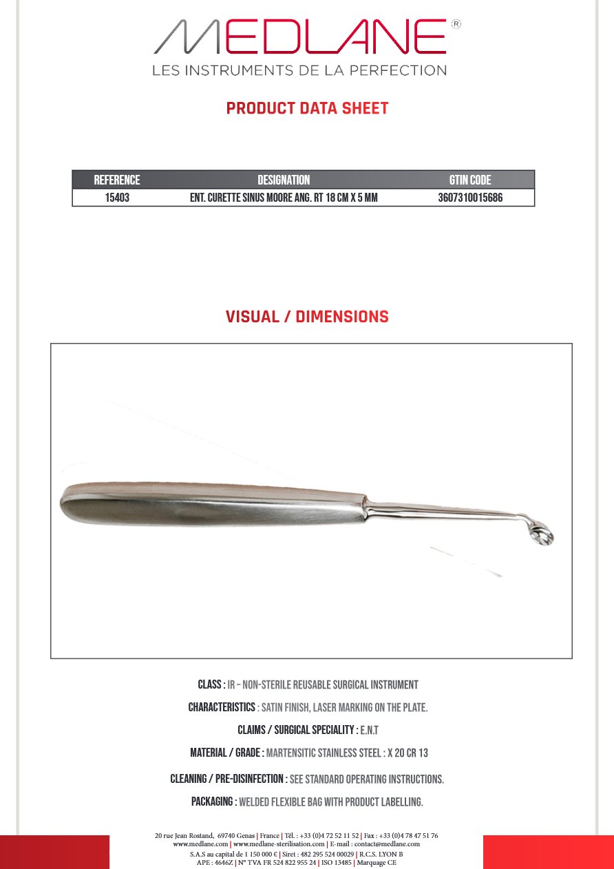 Curette O. R. L. Moure Sinus Coudé Droit 180 X 5 mm — REF 15403