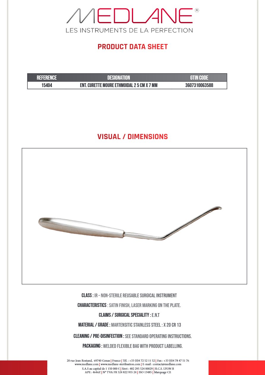 Curette O.R.L. Moure Ethmoidale 250 X 7 mm — REF 15404