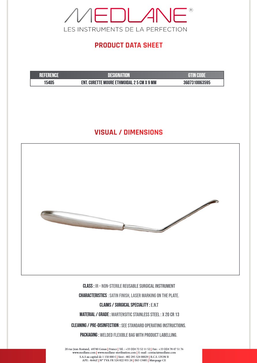 Curette O.R.L. Moure Ethmoidale 250 X 9 mm — REF 15405