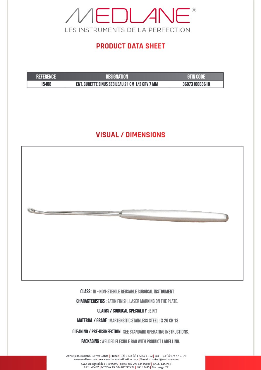 Curette O.R.L. Sebileau Sinus 210 1/2 Courbes 7 mm — REF 15408