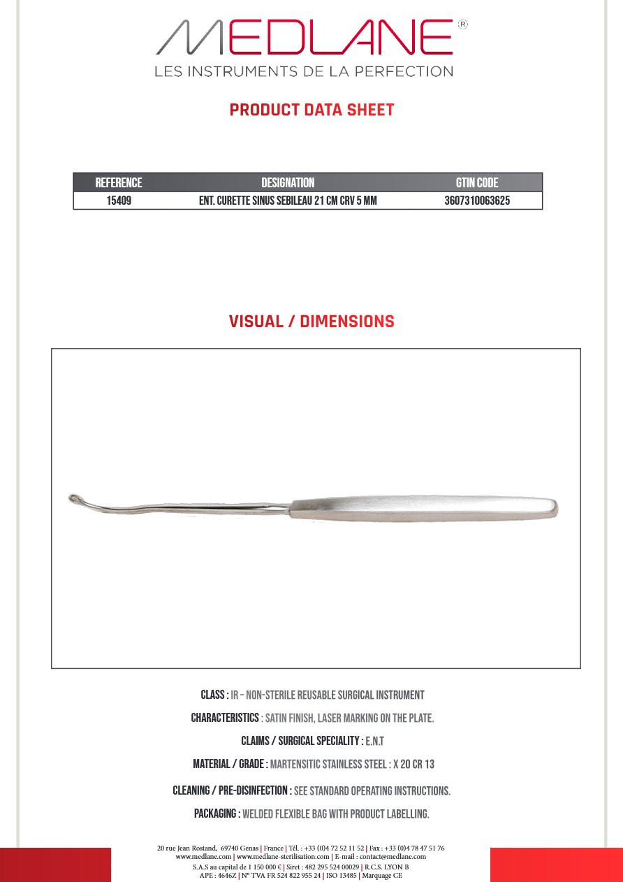 Curette O.R.L. Sebileau Sinus 210 Courbe 5 mm — REF 15409