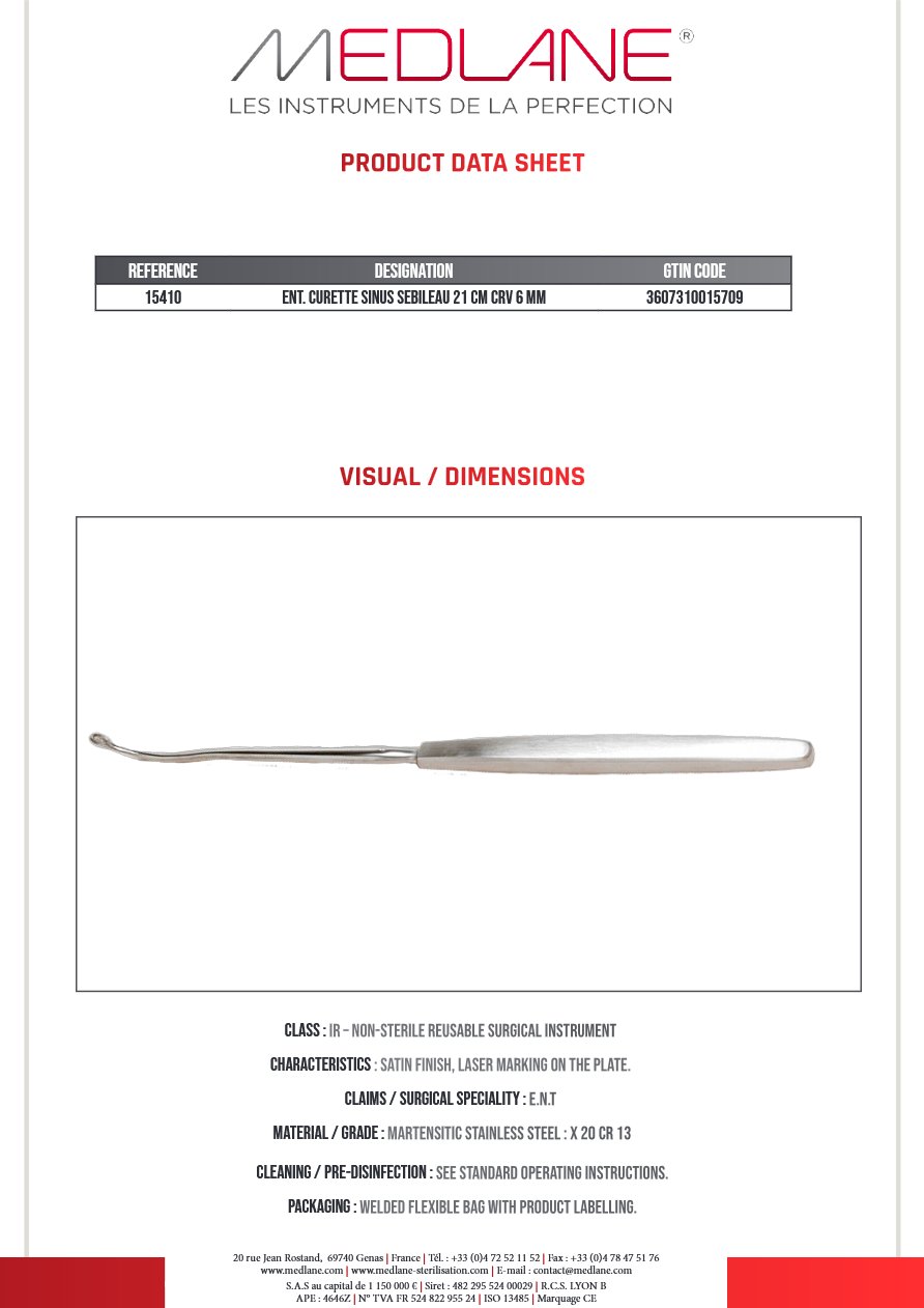 Curette O.R.L. Sebileau Sinus 210 Courbe 6 mm — REF 15410