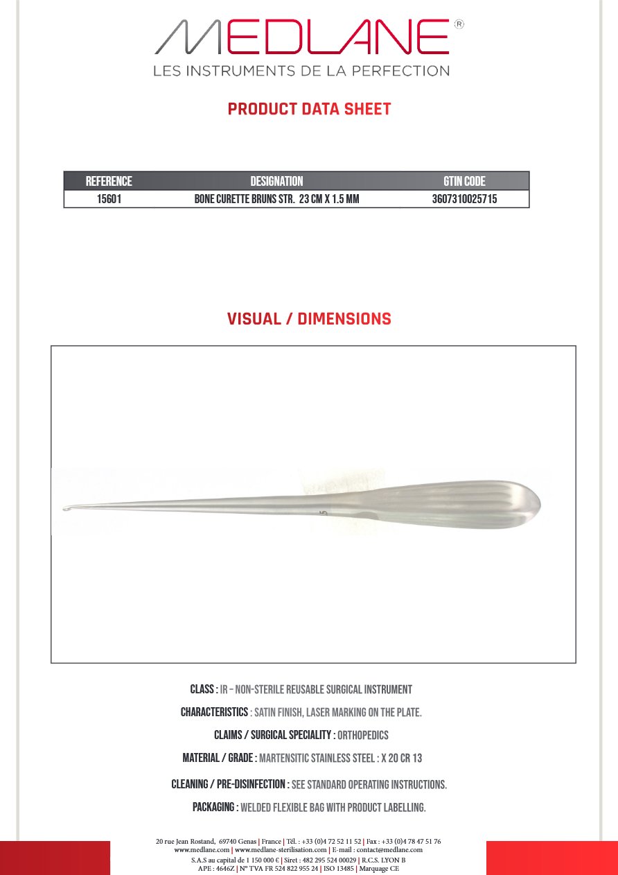 Photo produit MEDLANE : Curette Osseuse Bruns Droite 230 X 1.5 mm Figure 0000, référence 15601