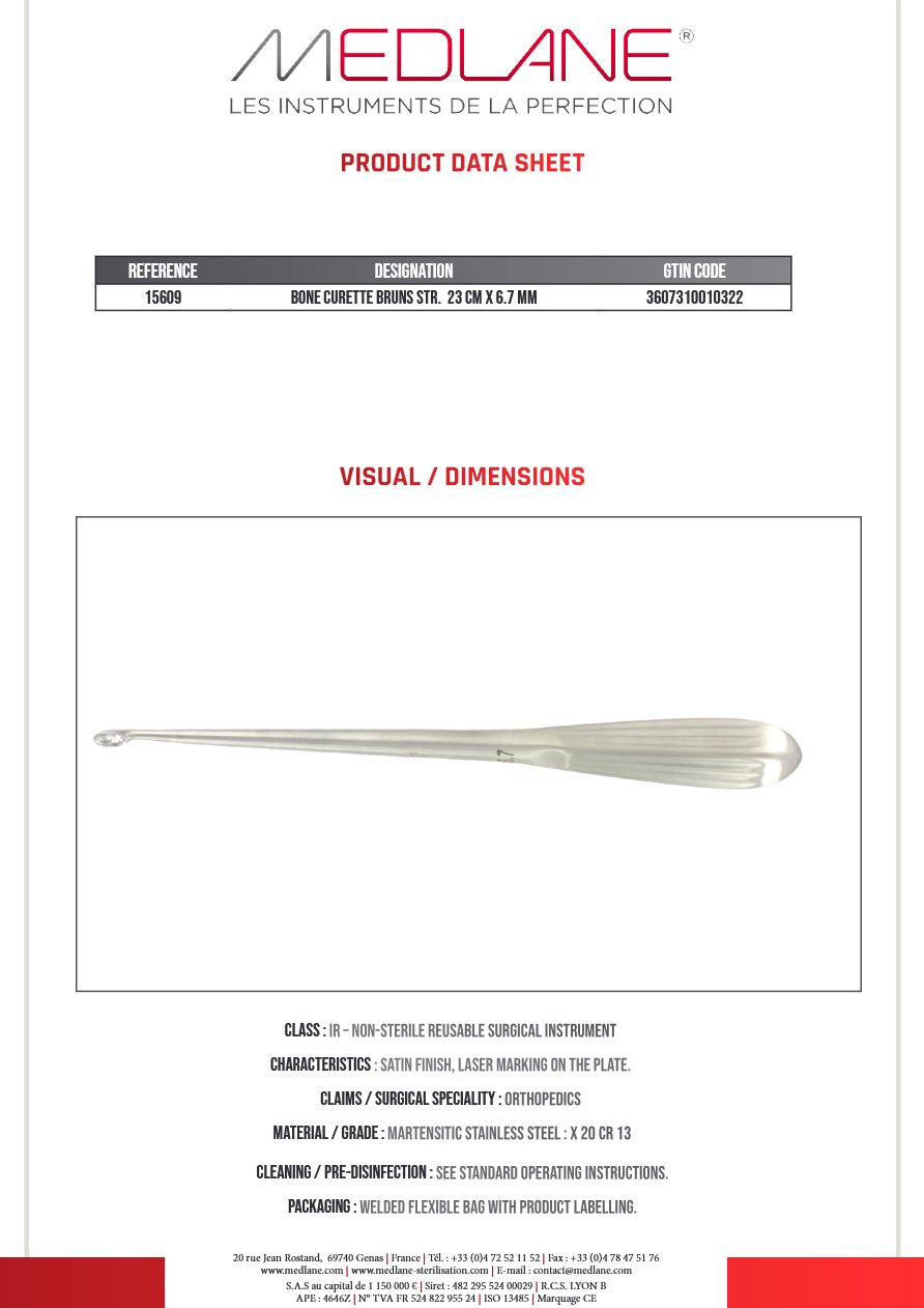 Curette Osseuse Bruns Droite 230 X 6.7 mm Figure 5 — REF 15609