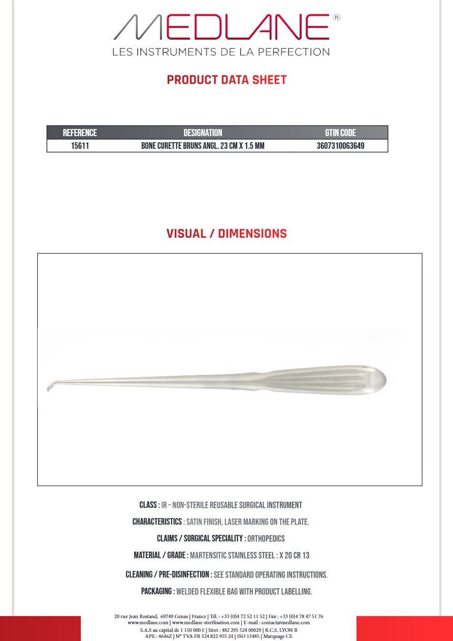Curette Osseuse Bruns Angulee 230 X 1.5 mm Figure 0000 — REF 15611