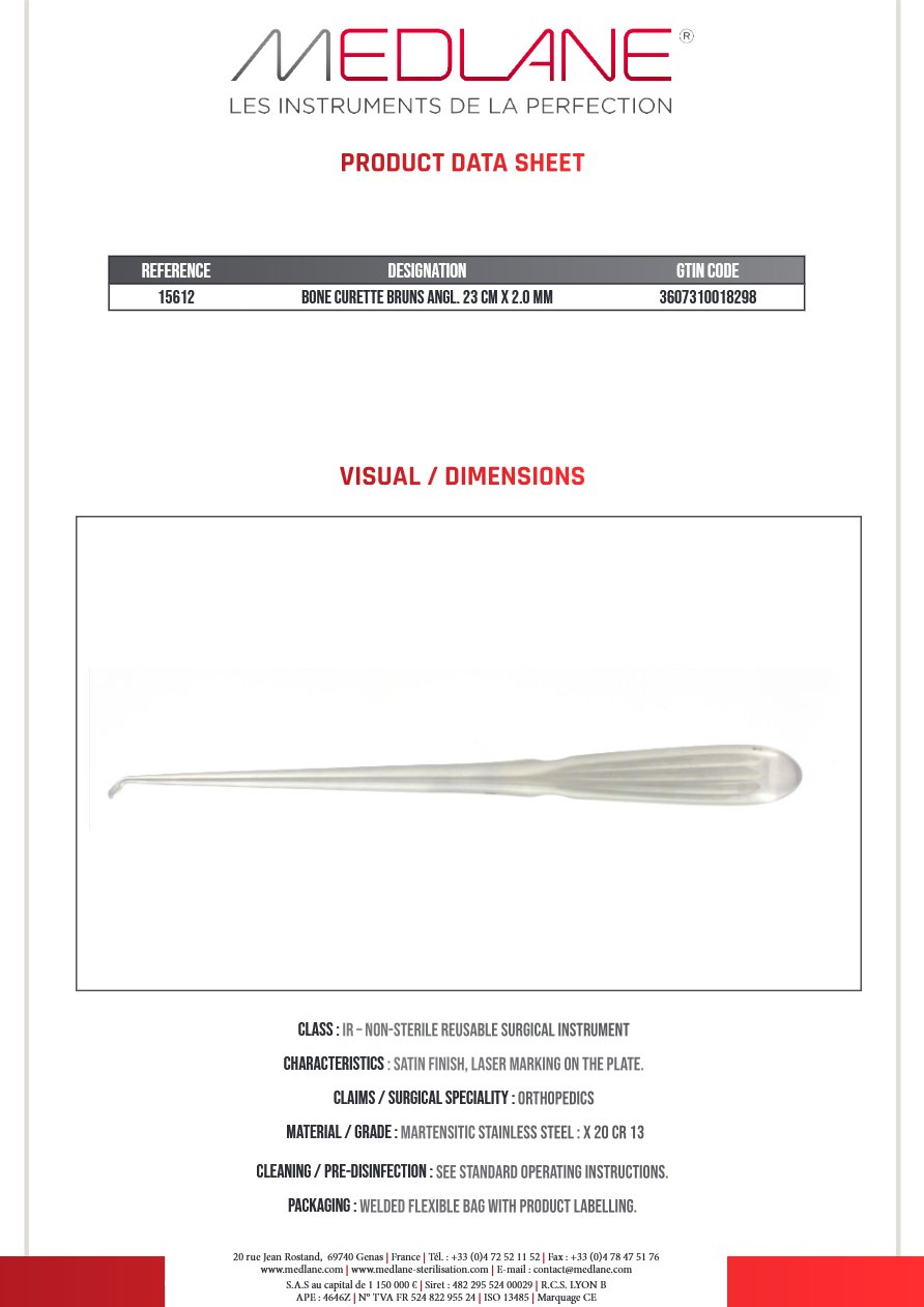 Photo produit MEDLANE : Curette Osseuse Bruns Angulee 230 X 2.0 mm Figure 000, référence 15612