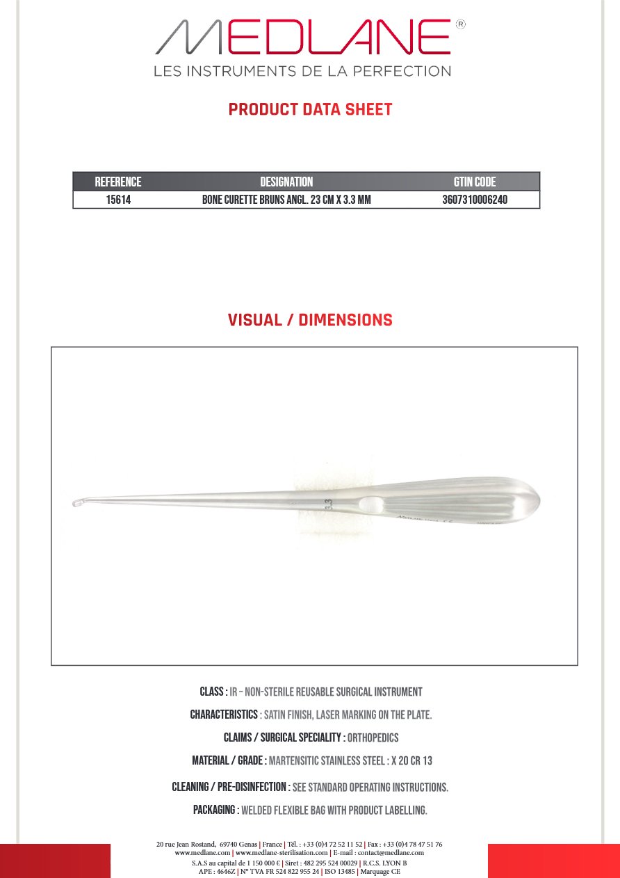Photo produit MEDLANE : Curette Osseuse Bruns Angulee 230 X 3.3 mm Figure 0, référence 15614