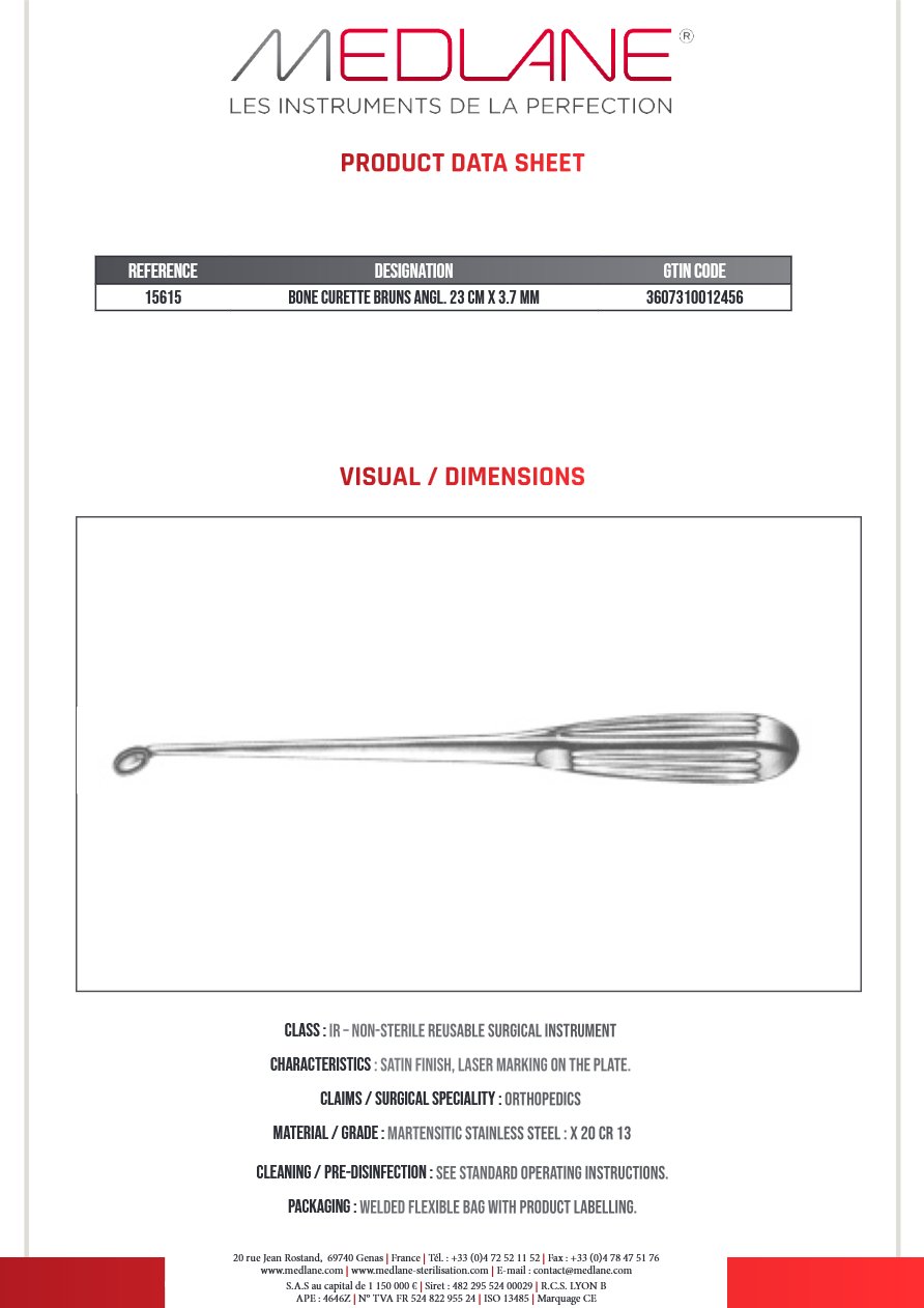 Curette Osseuse Bruns Angulee 230 X 3.7 mm Figure 1 — REF 15615